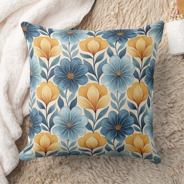 Blue & Gold Floral Throw Pillow Kissen (Decke)