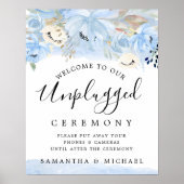 Blue Gold Floral Unplugged Wedding Zeremony Sign Poster (Vorne)