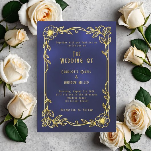 Blue gold floral vintage wedding einladung