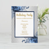 BLUE GOLD FLORAL VOLLDRUCKER JEDEN ANLASS GEBURTST EINLADUNG (Stehend Vorderseite)