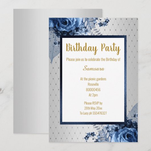 BLUE GOLD FLORAL VOLLDRUCKER JEDEN ANLASS GEBURTST EINLADUNG (Vorne/Hinten)