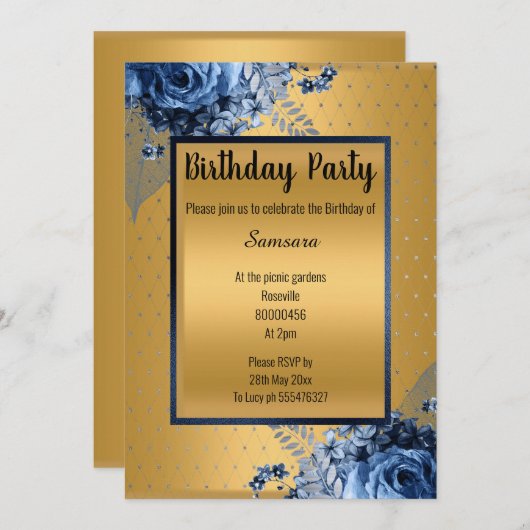 BLUE GOLD FLORAL VOLLDRUCKER JEDEN ANLASS GEBURTST EINLADUNG (Vorne/Hinten)