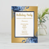 BLUE GOLD FLORAL VOLLDRUCKER JEDEN ANLASS GEBURTST EINLADUNG (Stehend Vorderseite)