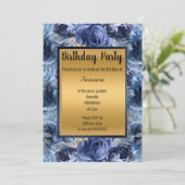 BLUE GOLD FLORAL VOLLDRUCKER JEDEN ANLASS GEBURTST EINLADUNG (Stehend Vorderseite)