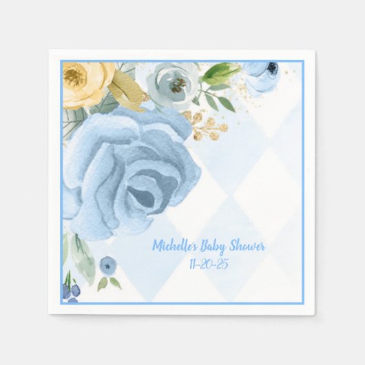 Blue Gold Floral Watercolor Babydusche Napkins Serviette (Vorderseite)
