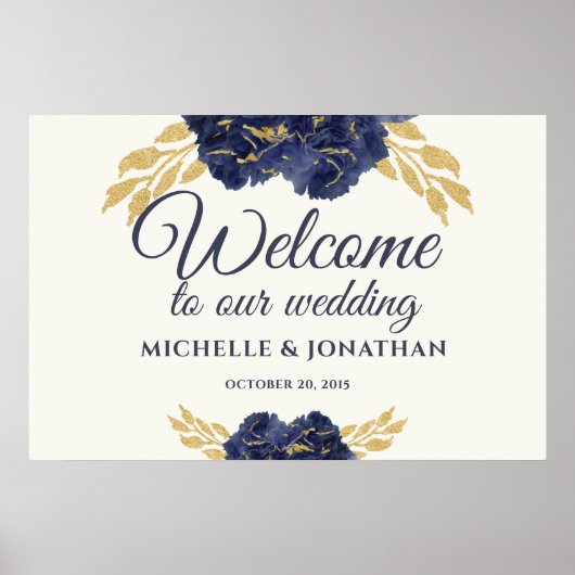 Blue Gold Floral Wedding Begrüßungszeichen 30x20 Poster (Vorne)
