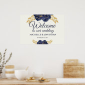 Blue Gold Floral Wedding Begrüßungszeichen 30x20 Poster (Küche)
