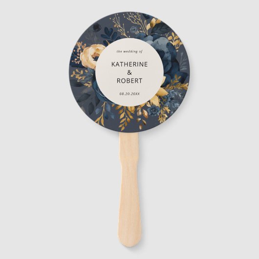 Blue Gold Floral Wedding Program Hand Fan Fächer (Vorderseite)