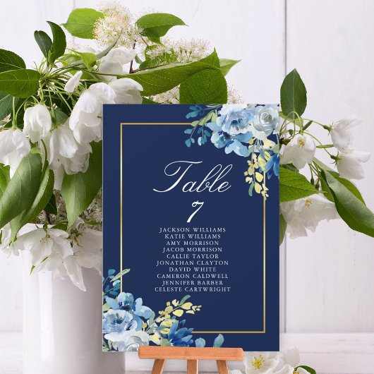 Blue Gold Floral Wedding Table Card
