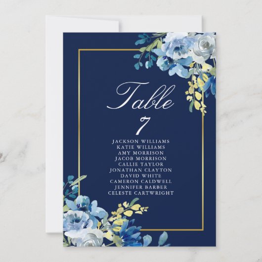 Blue Gold Floral Wedding Table Card (Vorderseite)