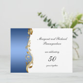 Blue Gold Floral Wirbel 50. Hochzeitstag Einladung (Stehend Vorderseite)