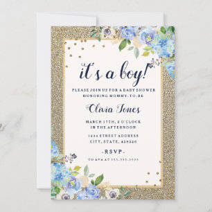 Blue Gold florale Funken Boy Baby Shower Einladung