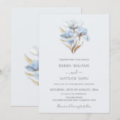 Blue Gold Flowers White Einladung (Vorne/Hinten)