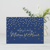 Blue Gold Foil Confetti MATRON EONOR Card Einladung (Stehend Vorderseite)