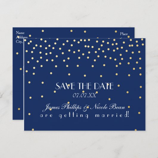 Blue & Gold Foil Dots Save the Date Postkarte (Vorne/Hinten)
