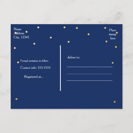 Blue & Gold Foil Dots Save the Date Postkarte (Rückseite)