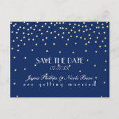 Blue & Gold Foil Dots Save the Date Postkarte (Vorderseite)