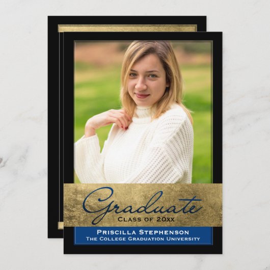 Blue Gold Foil Effect Foto Abschluss Einladung (Vorne/Hinten)