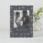 Blue Gold Foil Elegantes Foto Hochzeit Dankeskarte (Stehend Vorderseite)