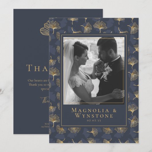 Blue Gold Foil Elegantes Foto Hochzeit Dankeskarte (Vorne/Hinten)