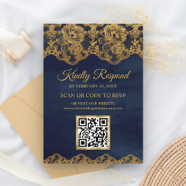 Blue Gold Foil Lace QR Code UAWG Wedding Website Begleitkarte