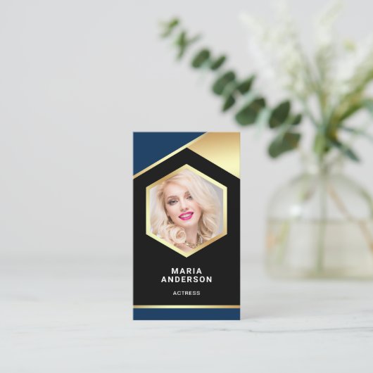 Blue Gold Foil Model Acress QR Code Foto Visitenkarte (Stehend Vorderseite)