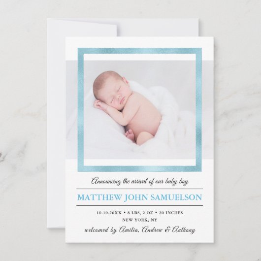 Blue Gold Foil New Baby BOY Birth Stats Ankündigung (Vorderseite)