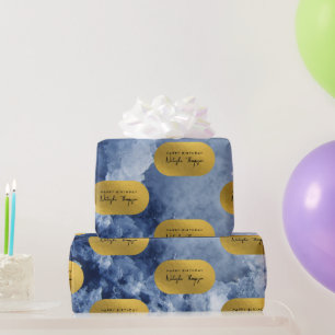 Blue Gold Foil Sea Crystals Signature Script Geschenkpapier
