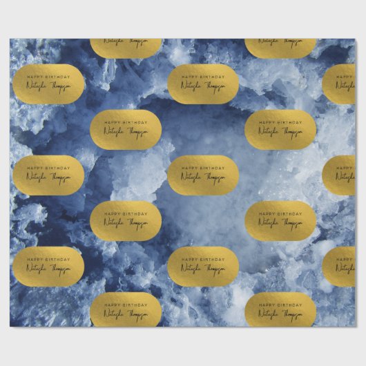 Blue Gold Foil Sea Crystals Signature Script Geschenkpapier (Flach)