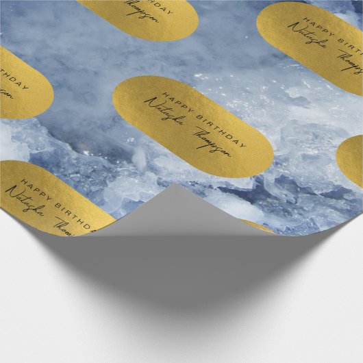 Blue Gold Foil Sea Crystals Signature Script Geschenkpapier (Ecke)