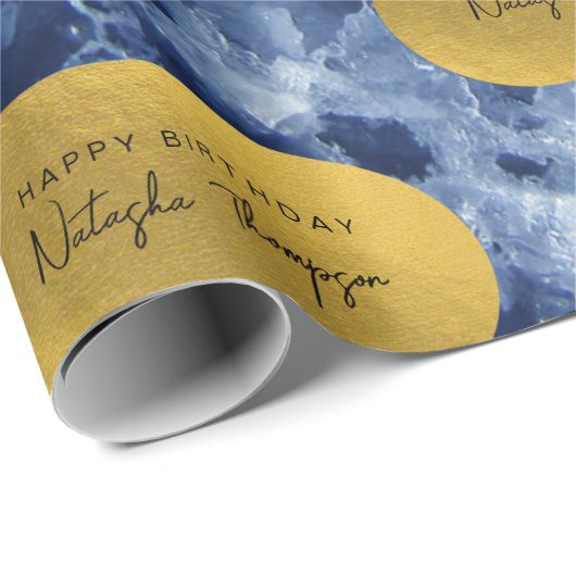 Blue Gold Foil Sea Crystals Signature Script Geschenkpapier (Rolleneckpunkt)