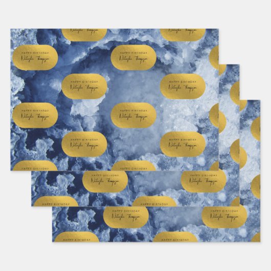 Blue Gold Foil Sea Crystals Signature Script Geschenkpapier Set (Set)