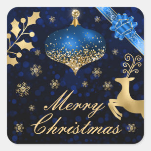 Blue & Gold Foil Weihnachtsbauble und Ribbon Quadratischer Aufkleber