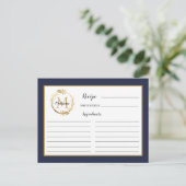 Blue Gold Foliage Monogram Rezept Card Postkarte (Stehend Vorderseite)