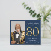 Blue Gold Foto Budget 80. Geburtstag Einladung (Stehend Vorderseite)