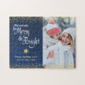 Blue Gold Foto Days Merry Bright Script Holiday Puzzle (Horizontal)