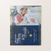 Blue Gold Foto Days Merry Bright Script Holiday Puzzle (Vertikal)