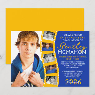 Blue & Gold Foto Filmstrip Grad Bekanntgabe Einladung