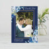 Blue Gold Foto Floral Eleganter Abend Save The Date (Stehend Vorderseite)