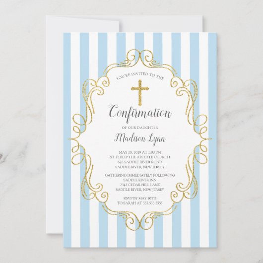 Blue & Gold Frame Boys Bestätigung Einladung (Vorderseite)