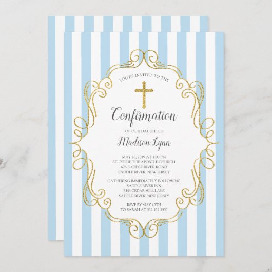 Blue & Gold Frame Boys Bestätigung Einladung (Vorne/Hinten)