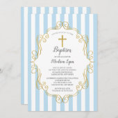 Blue & Gold Frame Boys Taufe Einladung (Vorne/Hinten)