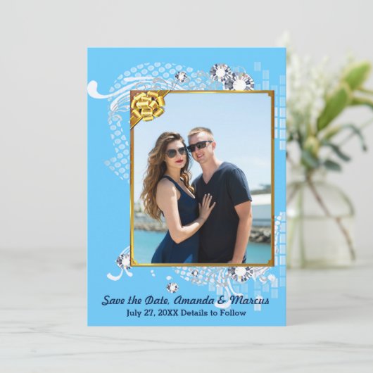 Blue & Gold Frame & Diamonds Image Save the Date (Stehend Vorderseite)