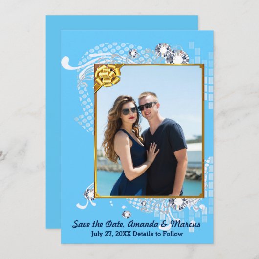 Blue & Gold Frame & Diamonds Image Save the Date (Vorne/Hinten)