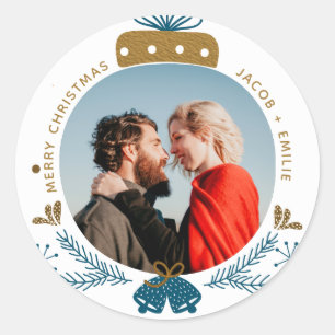 Blue & Gold Frohe Weihnachts-Bauble-Foto Runder Aufkleber