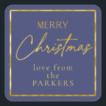 Blue Gold Frory Christmas ID1009 Quadratischer Aufkleber<br><div class="desc">Wenn Sie sich fragen, welche Farbkombinationen Sie für Ihre Weihnachtsdekoration und Geschenkartikel in diesem Jahr auswählen sollten, habe ich Sammlungen von aufeinander abgestimmten Mustern erstellt, um das Leben ein wenig leichter zu machen. Dieser 'Frohe Weihnachten' Aufkleber enthält einen dunkelblauen Hintergrund und einen goldenen Text mit einer Vorlage, um Ihren Namen...</div>
