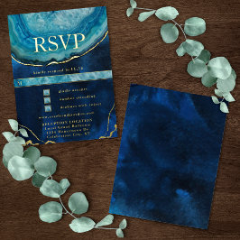 Blue Gold Galaxy Agate Wedding RSVP Folie Einladungspostkarte