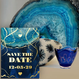 Blue Gold Galaxy Agate Wedding SPEICHERN DAS DATUM Folie Einladungspostkarte