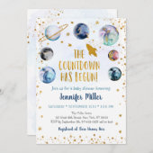 Blue Gold Galaxy Countdown beginnt mit einer Babyd Einladung (Vorne/Hinten)