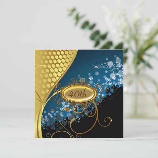 Blue Gold Geburtstagsparty Einladung (Stehend Vorderseite)